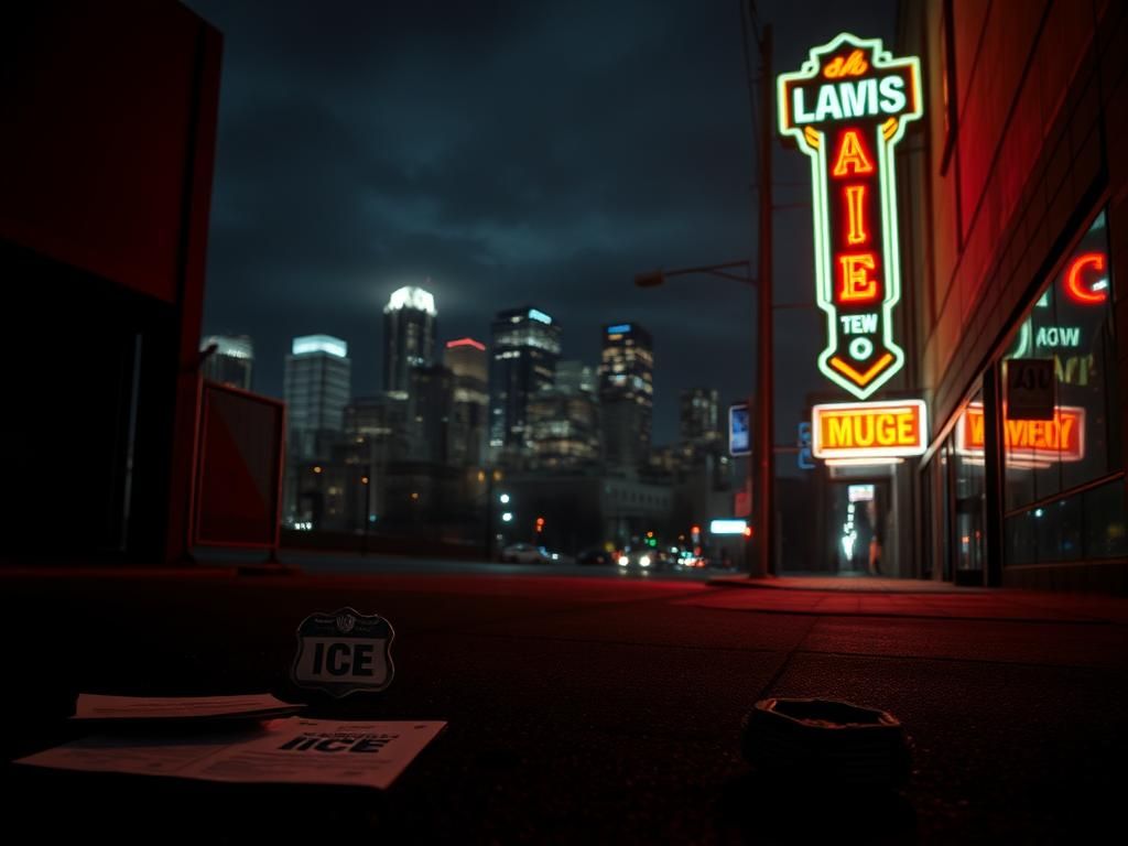 Flick International Nighttime urban scene in Los Angeles with an empty street, scattered paperwork, and an ICE badge