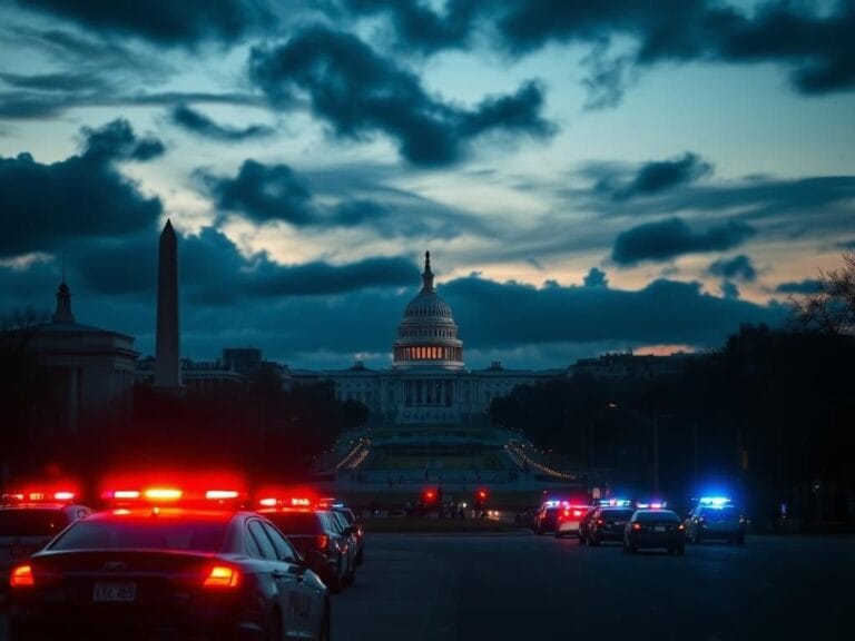 Flick International Washington D.C. skyline at dusk with police vehicles indicating heightened law enforcement presence