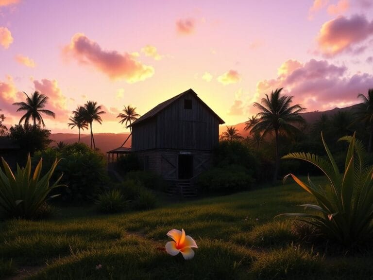Flick International A serene landscape of the old sugar mill in Paia, Maui, with a Hawaiian flower symbolizing remembrance.