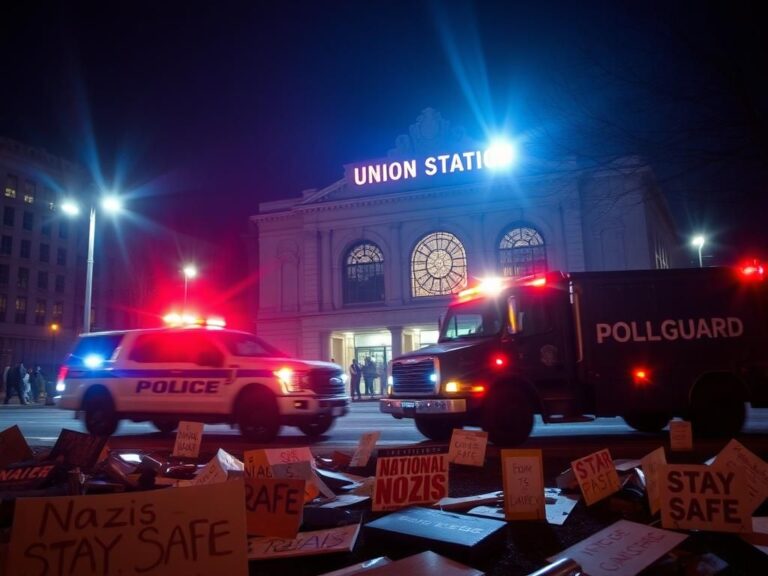 Flick International Tense night scene in Washington D.C. showing police vehicles and protest signs