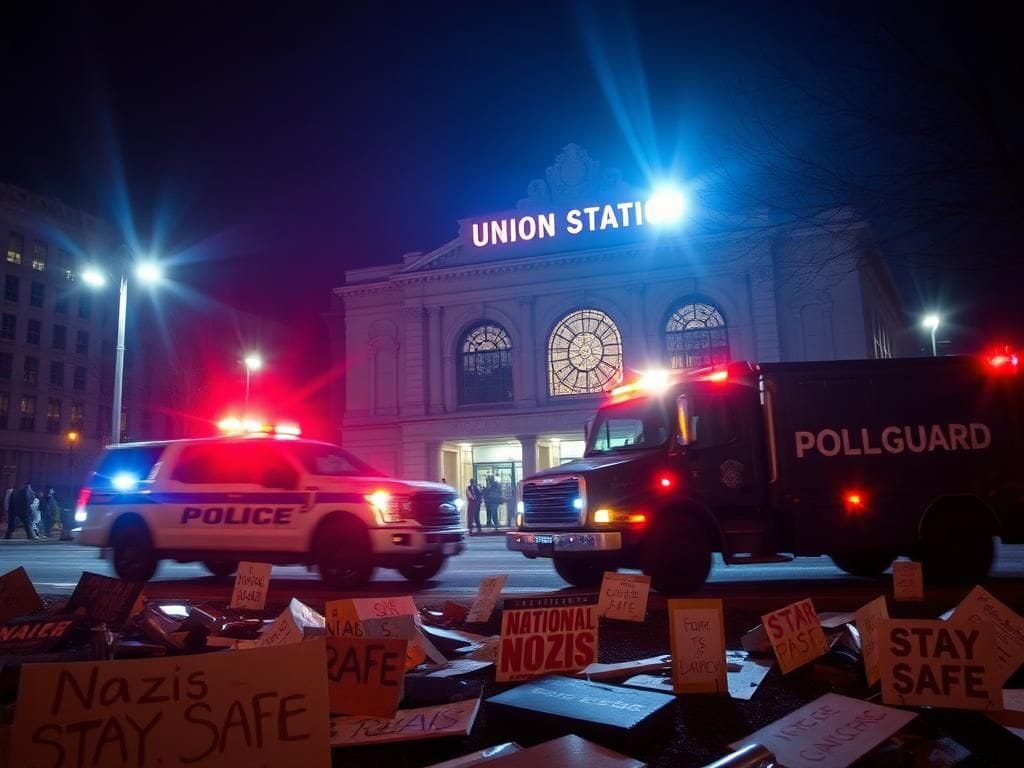 Flick International Tense night scene in Washington D.C. showing police vehicles and protest signs