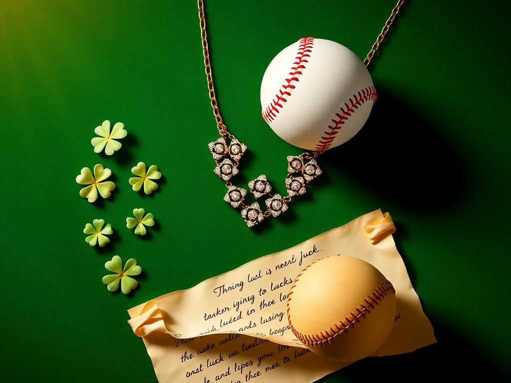 Flick International Luxurious Van Cleef & Arpels Alhambra necklace displayed on emerald green velvet with a vintage baseball and handwritten luck quotes