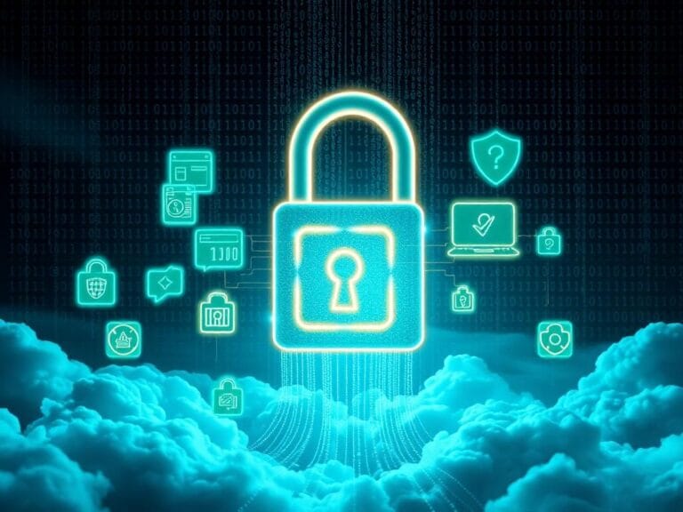 Flick International Futuristic corporate environment showcasing a large illuminated padlock representing cybersecurity