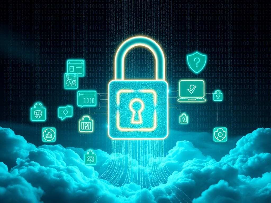 Flick International Futuristic corporate environment showcasing a large illuminated padlock representing cybersecurity