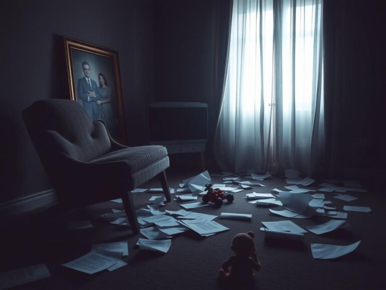 Flick International A dimly lit room illustrating the aftermath of a contentious divorce with scattered legal papers and a broken family portrait.
