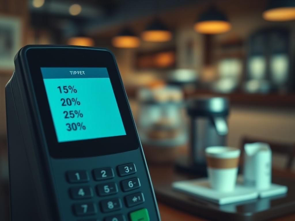 Flick International Digital payment terminal displaying tip options 15%, 20%, 25%, and 30% in a café setting