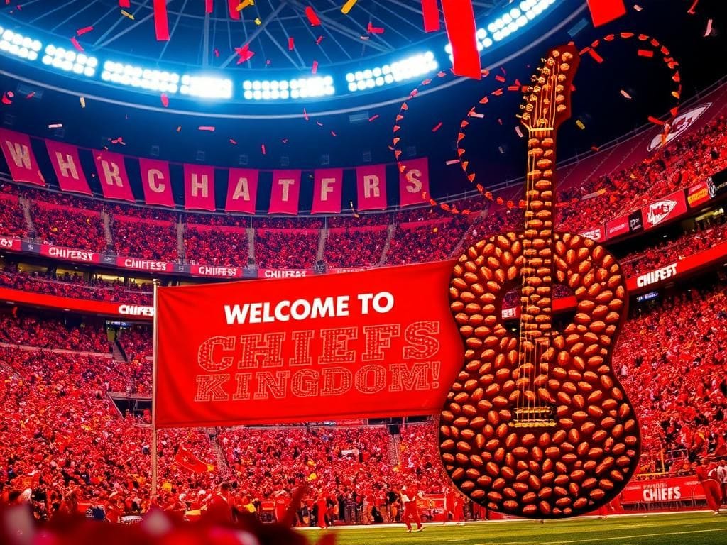 Flick International A vibrant scene of a Kansas City Chiefs-themed landscape with a football stadium and colorful banners
