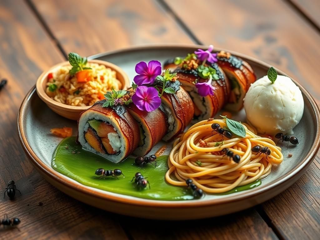 Flick International close-up of gourmet dishes featuring edible insects, including a soft-shell tarantula sushi roll and mealworm pesto pasta
