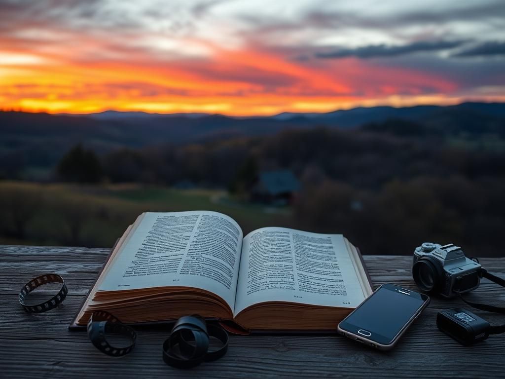 Flick International Contemplative Appalachian landscape at dusk with rustic house and open book