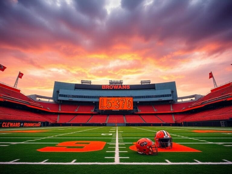 Flick International Artistic depiction of an empty Cleveland Browns stadium with a vibrant sunset