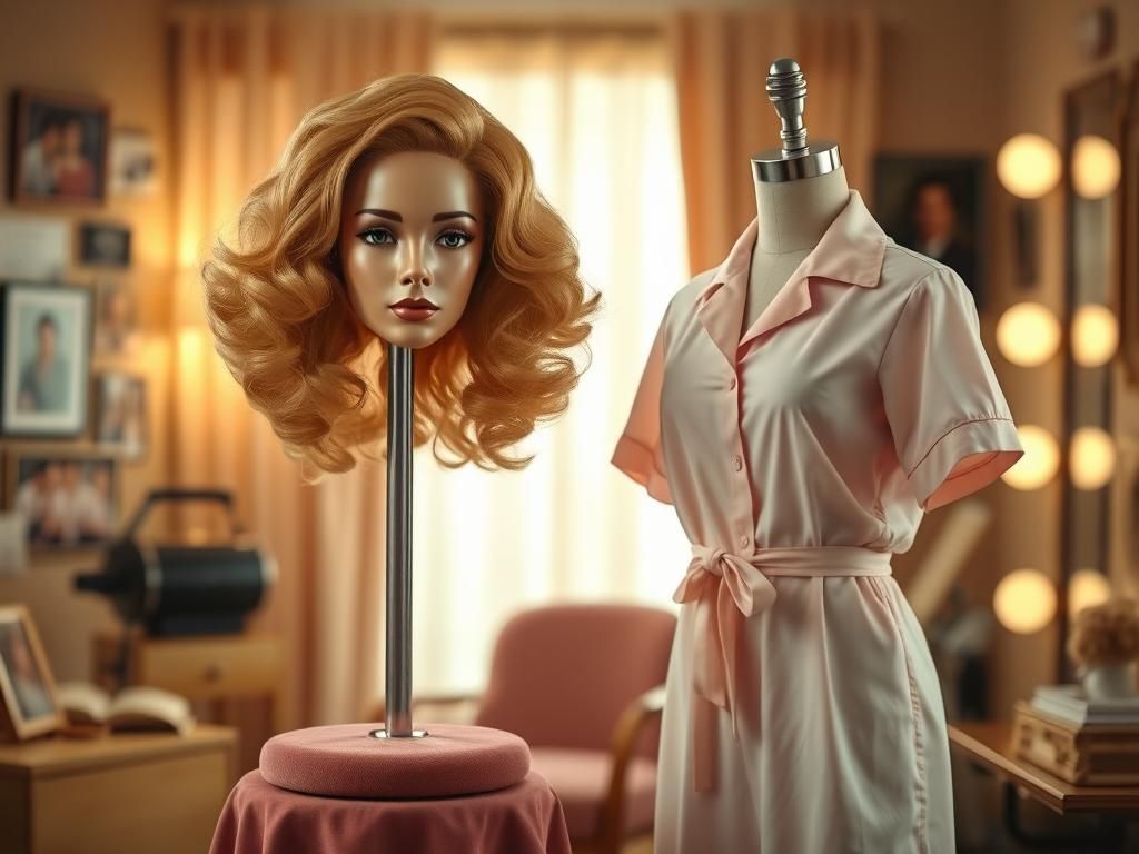 Flick International A vintage Hollywood display featuring a glamorous golden-haired wig and an elegant pastel nurse's costume, symbolizing iconic actresses and friendship.