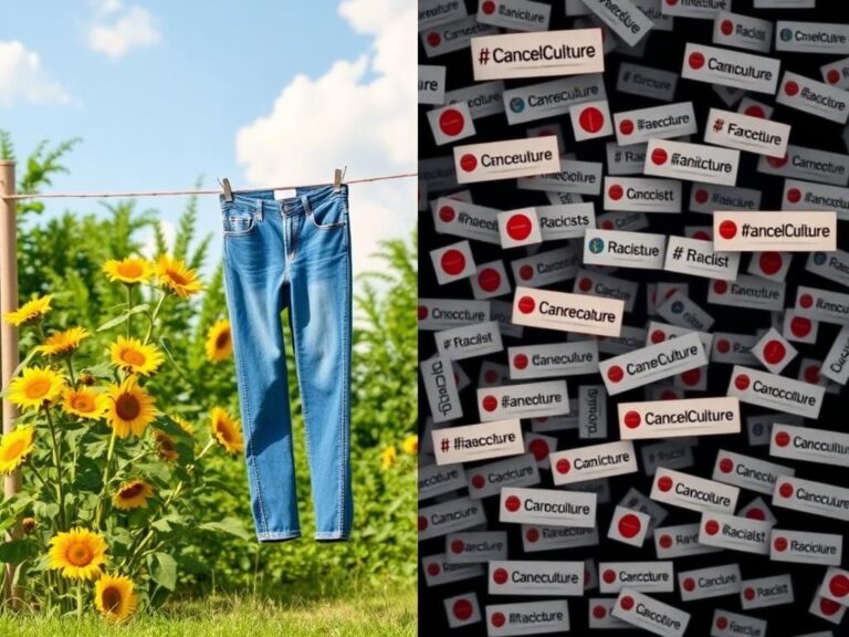 Flick International A split image contrasting a vibrant denim ad with a chaotic social media backlash scene