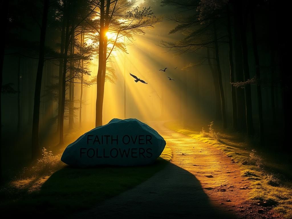 Flick International Serene forest at dawn with sunlight breaking through, highlighting a path of faith and self-discovery.