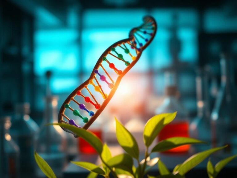 Flick International A macro shot of a colorful DNA helix symbolizing KRAS gene mutations with laboratory elements in the background