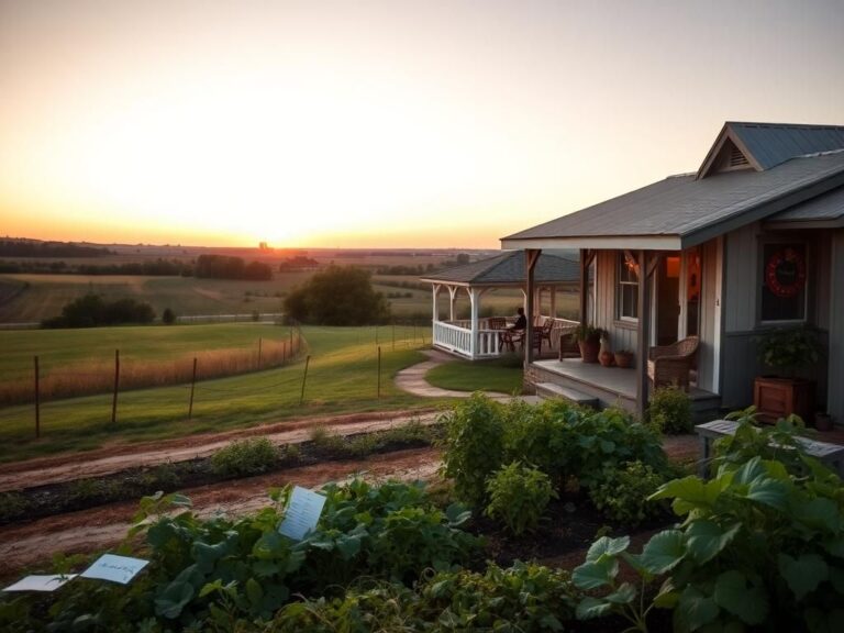 Flick International A serene farmhouse in Waco, Texas, surrounded by fields and a vibrant vegetable garden