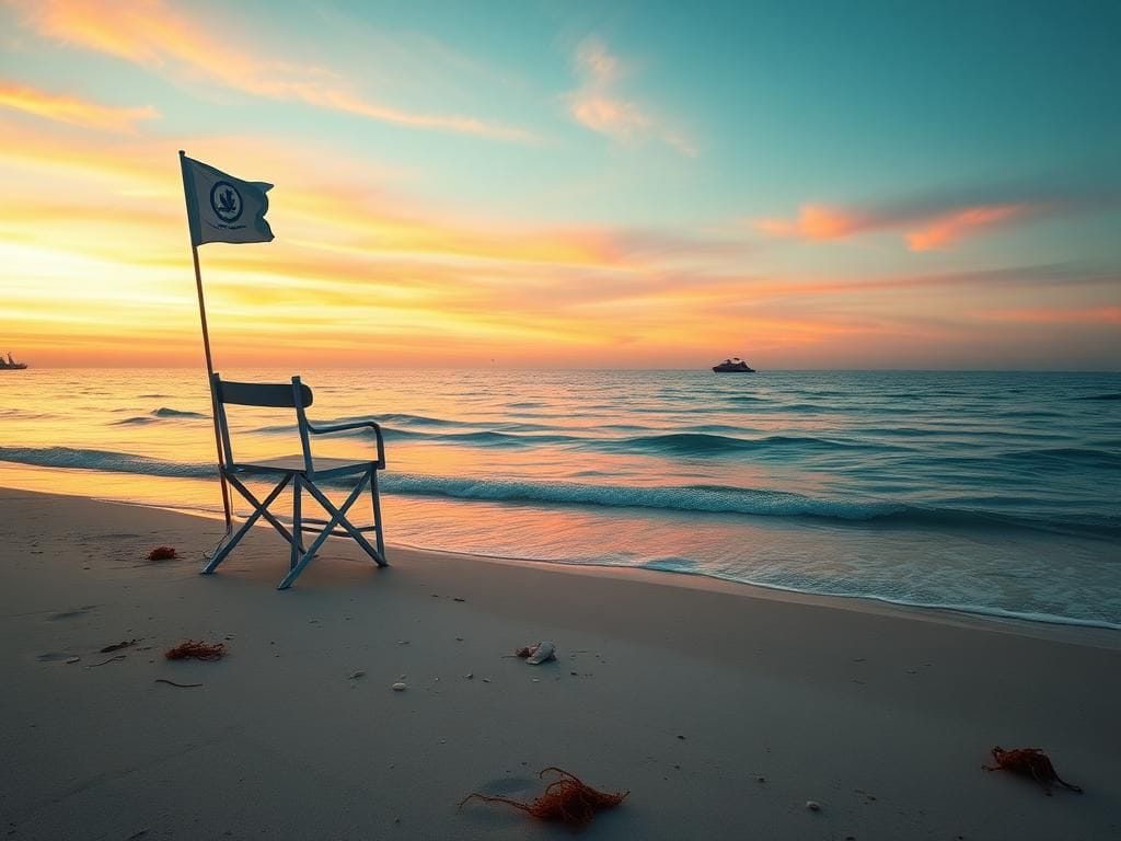 Flick International Empty lifeguard chair on a serene beach at sunset with warning flags indicating dangerous swimming conditions