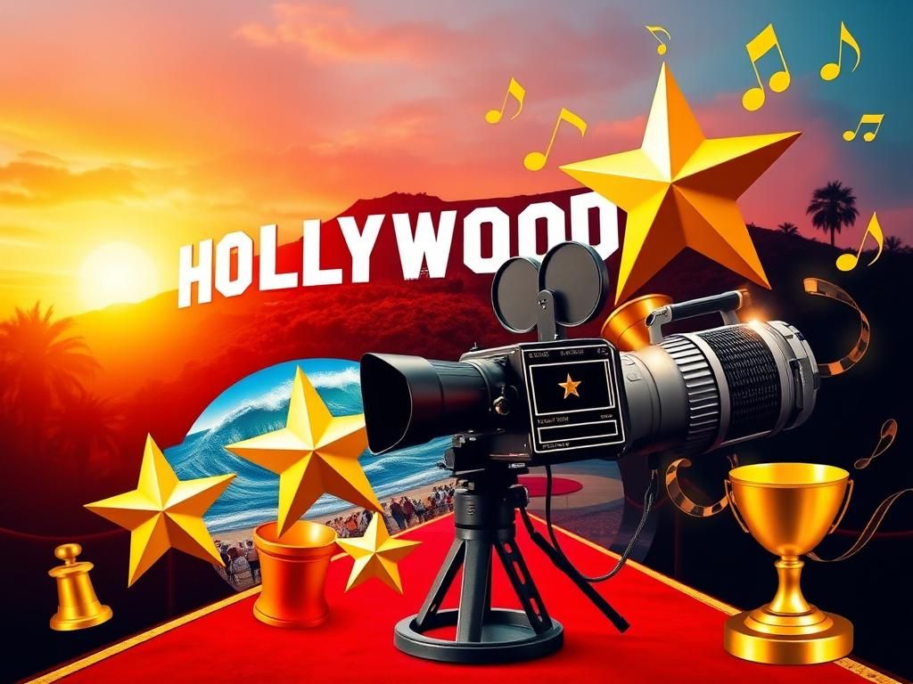 Flick International Vibrant collage representing Hollywood entertainment with sunset colors and iconic symbols.