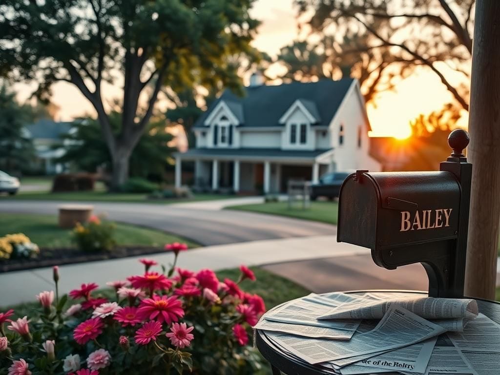 Flick International A serene suburban neighborhood scene showcasing a cozy house and well-maintained garden, symbolizing traditional American values.