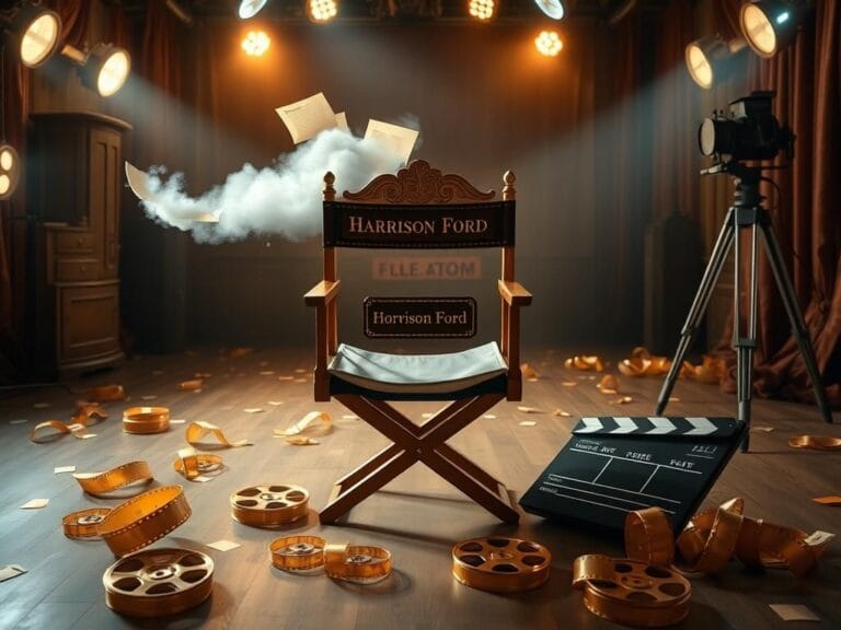 Flick International Vintage Hollywood film set featuring a director's chair with Harrison Ford's nameplate and scattered film reels