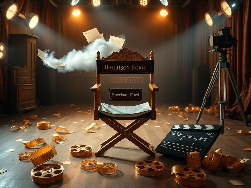 Flick International Vintage Hollywood film set featuring a director's chair with Harrison Ford's nameplate and scattered film reels