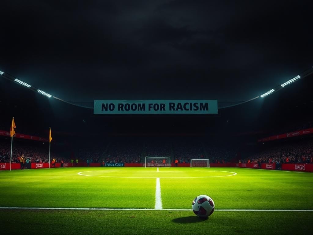 Flick International Empty corner of Anfield stadium with a soccer ball on grass, depicting a tense moment during the match.