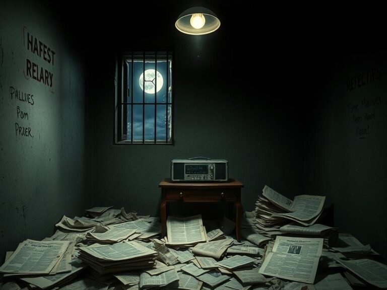 Flick International Dimly lit prison cell interior with a vintage tape recorder on a wooden desk