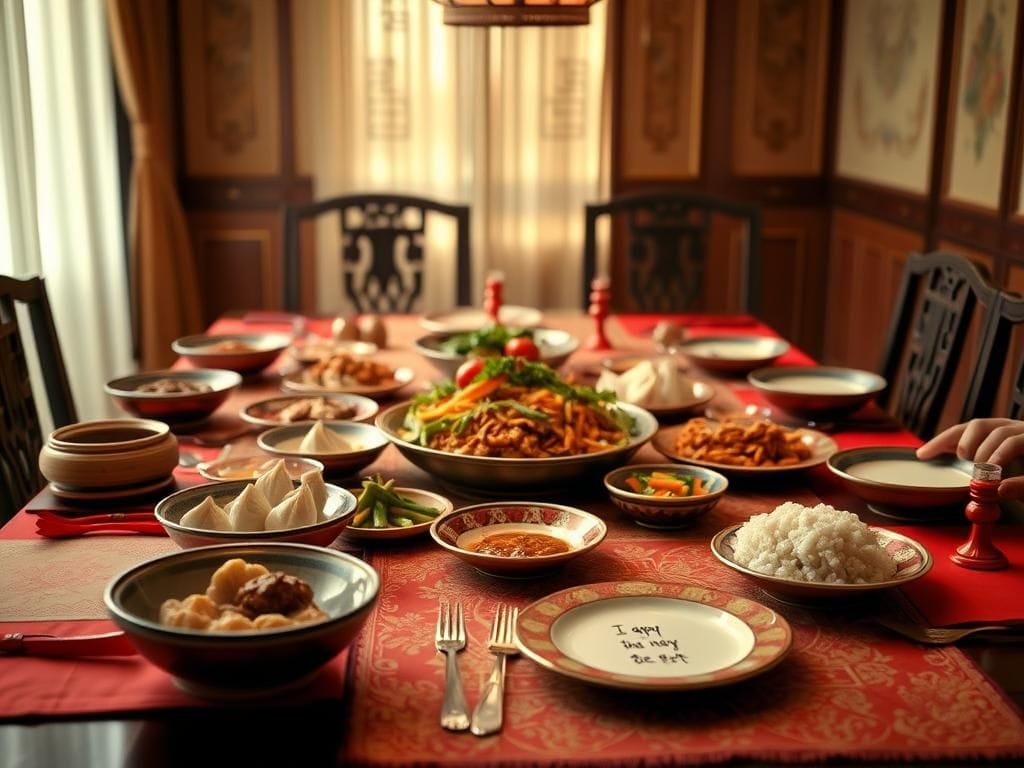 Flick International A beautifully set dining table with traditional Chinese dishes including steamed dumplings and stir-fried vegetables, reflecting family dynamics.