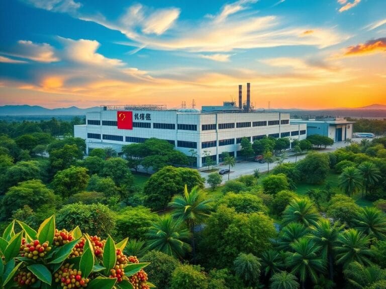 Flick International Aerial view of a modern automobile factory with Chinese signage in a vibrant Brazilian landscape