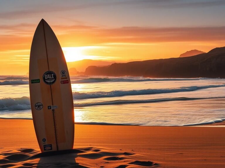 Flick International A serene sunset over Bodega Bay with a surfboard planted in the sand, symbolizing Dale Webster's legacy.
