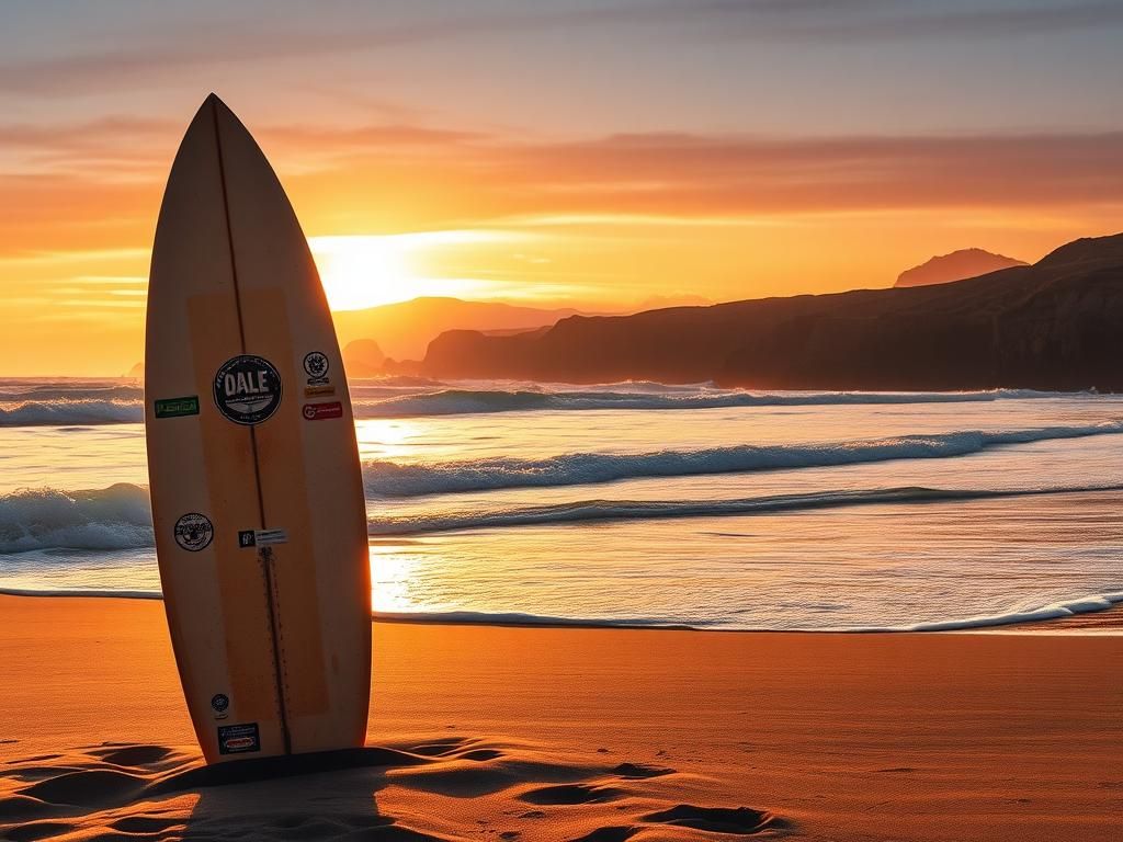 Flick International A serene sunset over Bodega Bay with a surfboard planted in the sand, symbolizing Dale Webster's legacy.