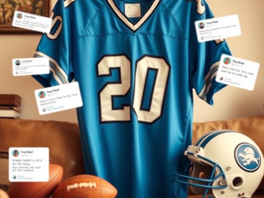 Flick International Close-up of a vibrant vintage NFL jersey featuring the Detroit Lions' iconic blue and silver colors with the bold No. 20.