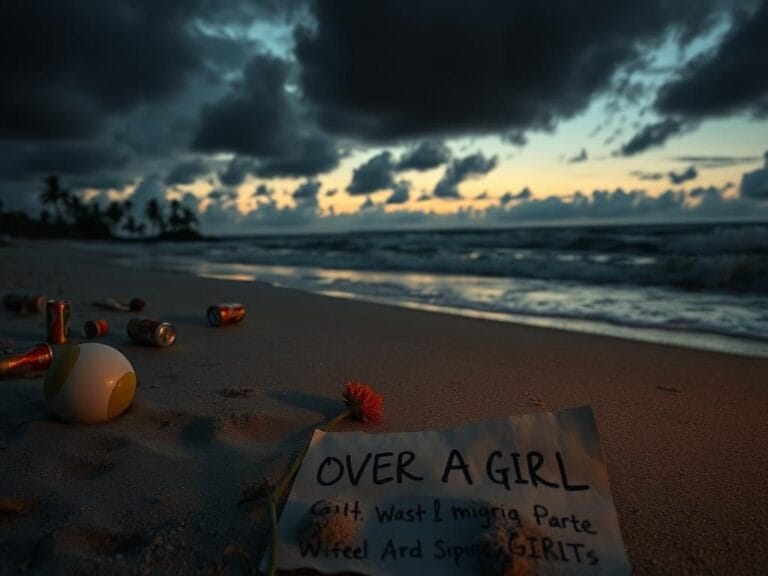 Flick International Desolate beach scene at twilight with remnants of a beach party and a crumpled note that reads 'OVER A GIRL'.