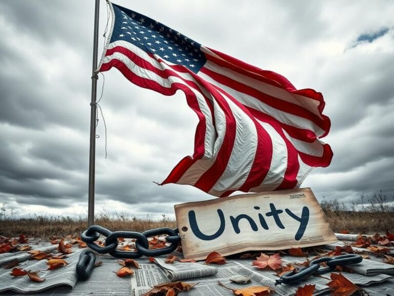 Flick International Tattered American flag unfurling against a cloudy sky symbolizing resilience and conflict