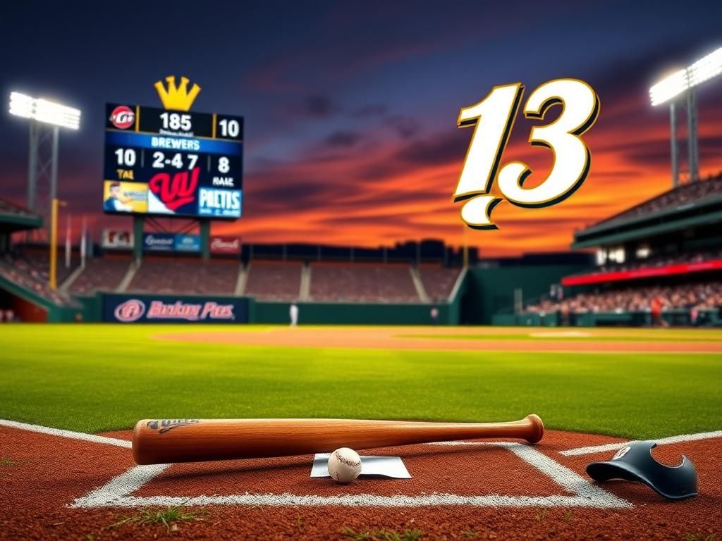 Flick International Dramatic moment in a twilight baseball stadium depicting the Brewers' comeback against the Reds.