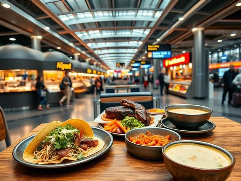Flick International A vibrant array of gourmet airport foods including tacos, barbecue, and udon soup in a bustling terminal setting.