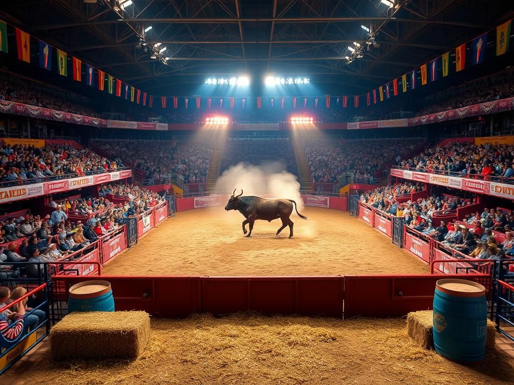Flick International A bustling rodeo arena with a bucking bull surrounded by an excited audience