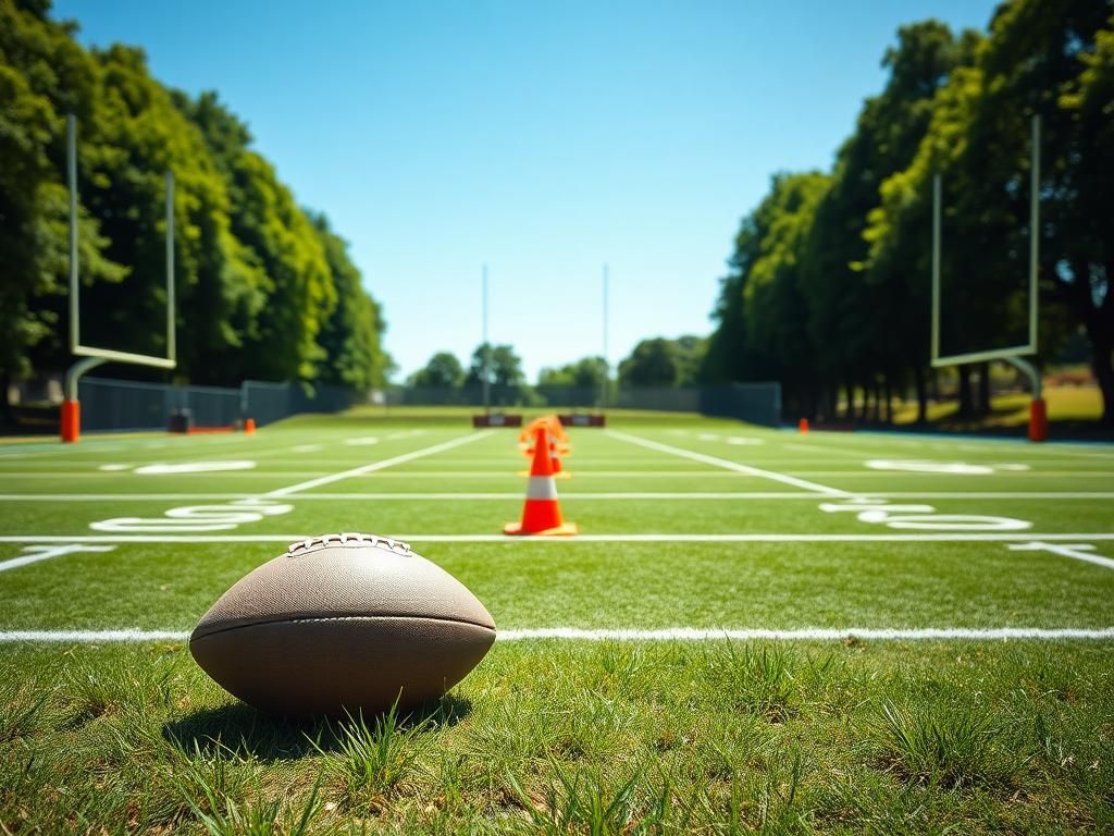 Flick International A gray NFL football on a practice field at the training camp