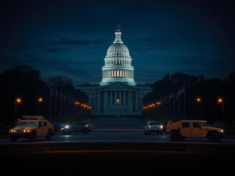 Flick International Dramatic nighttime view of the U.S. Capitol with National Guard vehicles securing the area