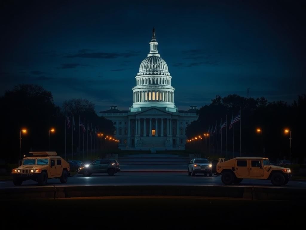 Flick International Dramatic nighttime view of the U.S. Capitol with National Guard vehicles securing the area