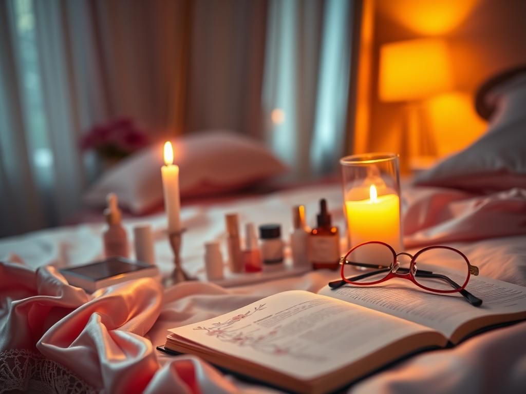 Flick International Selena Gomez posing in satin lingerie against a cozy, candlelit bedroom backdrop