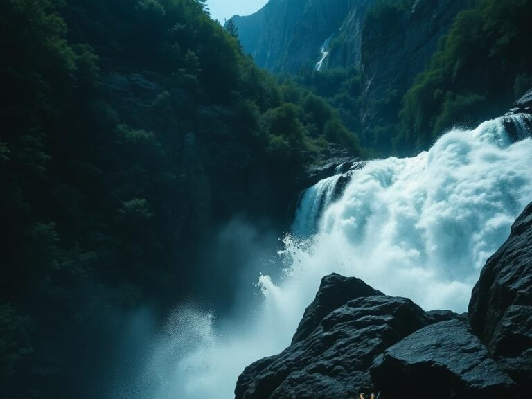 Flick International Dramatic scene of a powerful waterfall cascading over rugged rocks surrounded by lush greenery