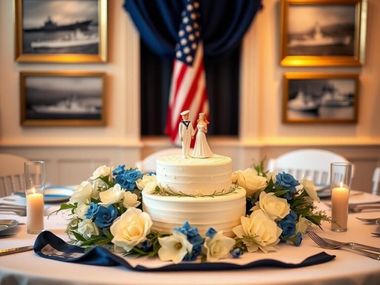 Flick International A beautifully arranged table set for a Navy veteran couple's 80th wedding anniversary celebration, featuring a vintage wedding cake and patriotic decor.