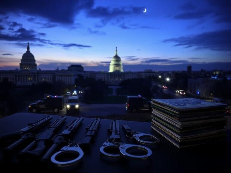 Flick International Dramatic cityscape of Washington, D.C. at dusk with iconic buildings and confiscated firearms.