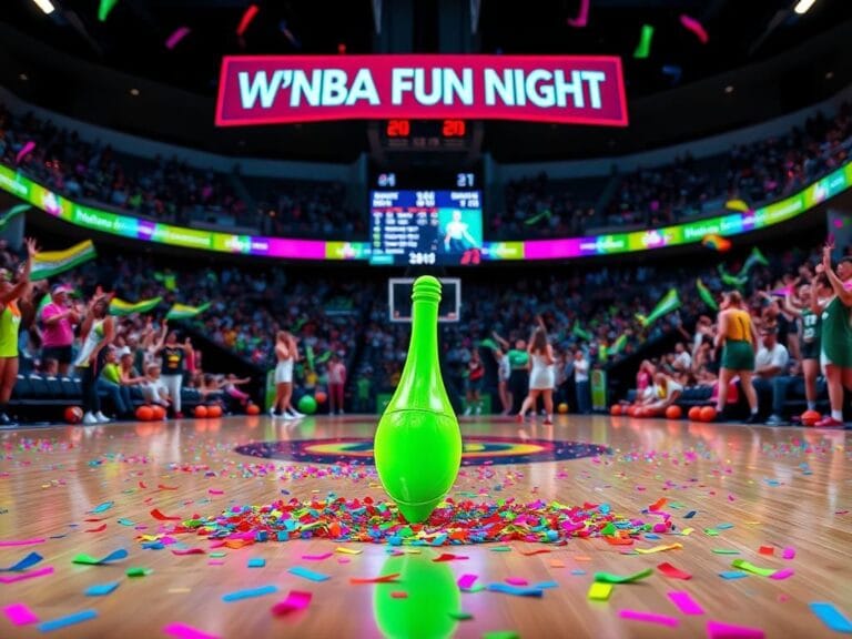 Flick International A vibrant basketball court featuring a neon green dildo surrounded by colorful confetti and WNBA merchandise.
