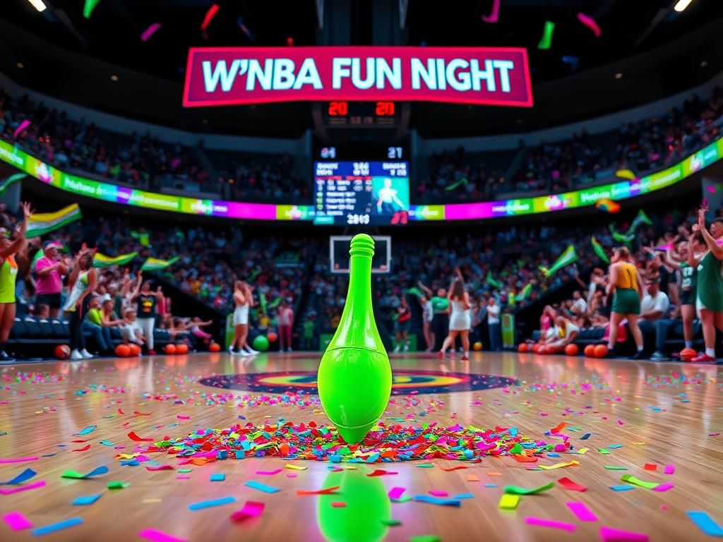 Flick International A vibrant basketball court featuring a neon green dildo surrounded by colorful confetti and WNBA merchandise.