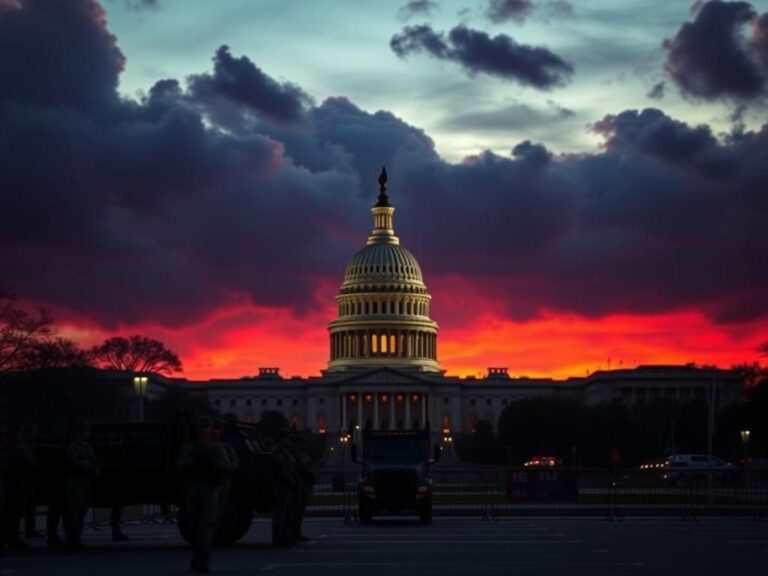 Flick International A sunset view of the U.S. Capitol building with silhouettes of National Guard soldiers