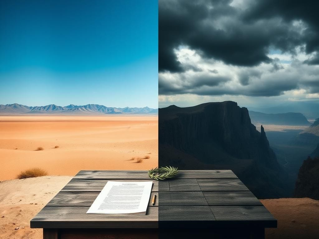 Flick International A divided landscape representing empathy and negotiation in politics, featuring a serene desert on one side and jagged cliffs on the other.