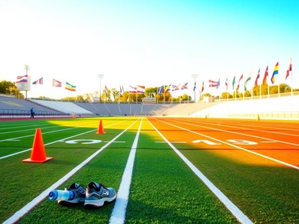 Flick International A dynamic college track scene with vibrant green grass and blue sky, showcasing inclusivity in sports.