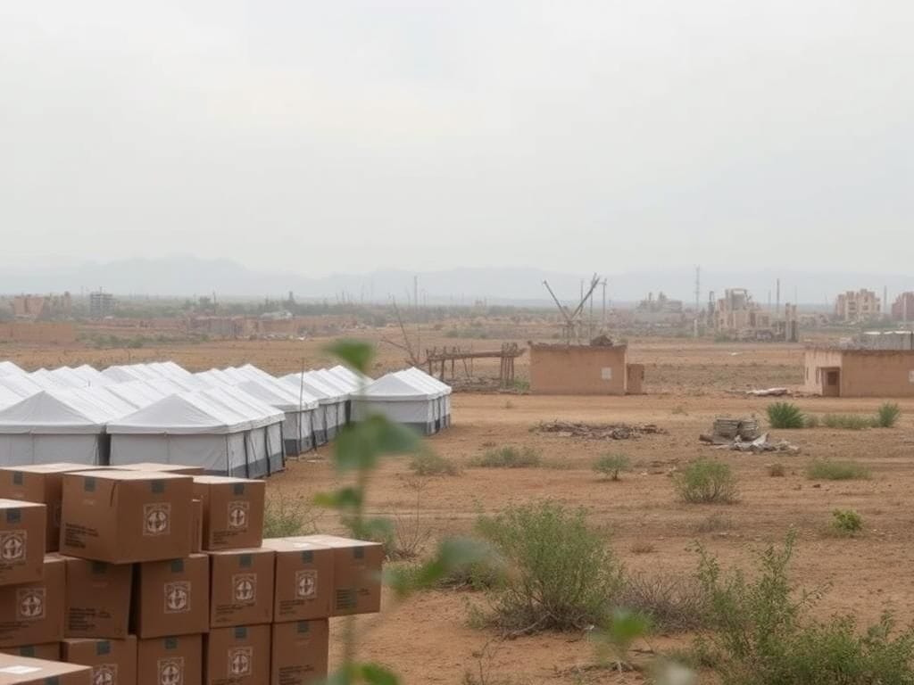 Flick International Makeshift encampment in Southern Gaza with white tents and humanitarian aid
