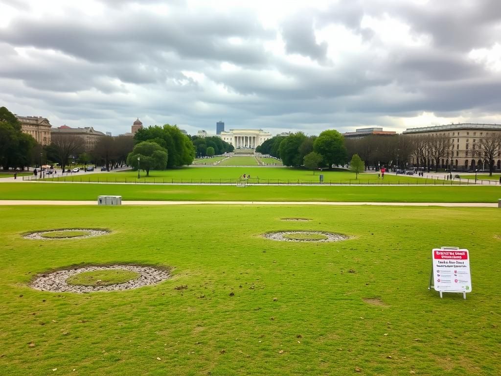 Flick International Urban landscape of Washington, D.C. showing empty patches of grass where homeless encampments have been removed